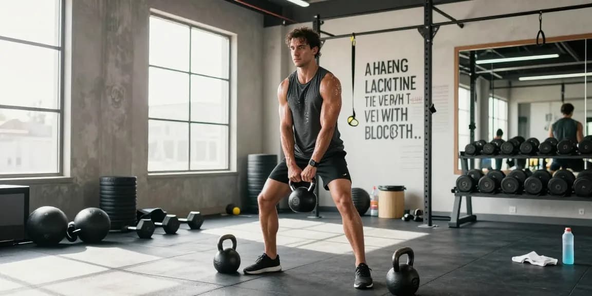 Unieke Pharma Shop in een moderne sportschool met actieve sporter die kettlebells gebruikt.