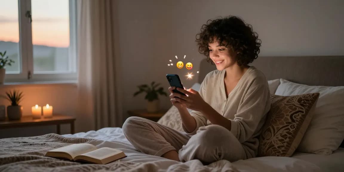 Engaging in AI sexting through playful text messages in a cozy bedroom setting.