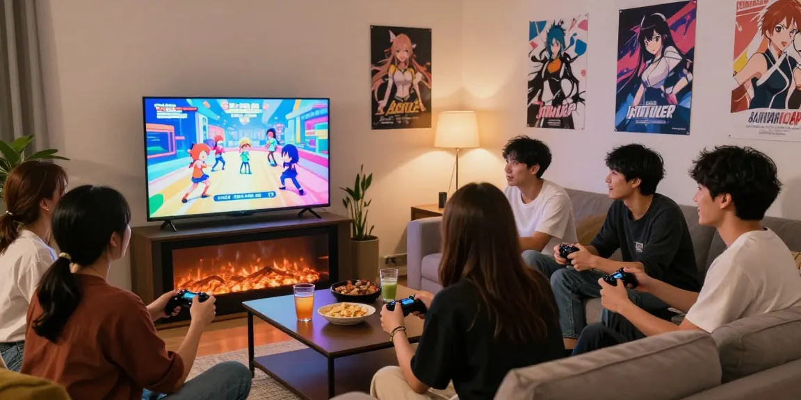 Friends enjoying an exciting ecchi game in a vibrant living room with colorful graphics.