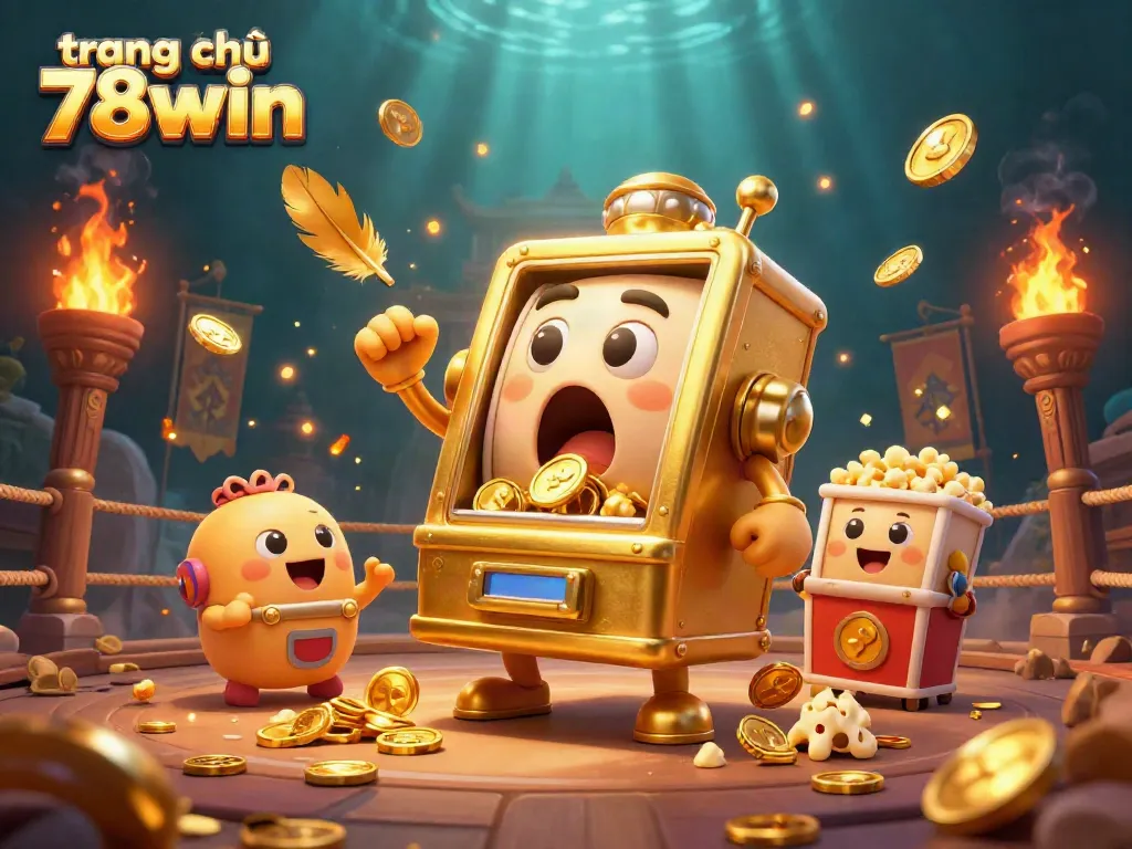 Engage with the bustling scene at trang chủ 78win as a golden slot machine hits a jackpot amidst cheering characters and vibrant gambling elements.