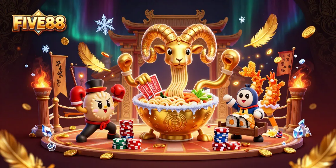 FIVE88's dynamic casino scene with ramen bowl dealer, surrounded by cards and chips.