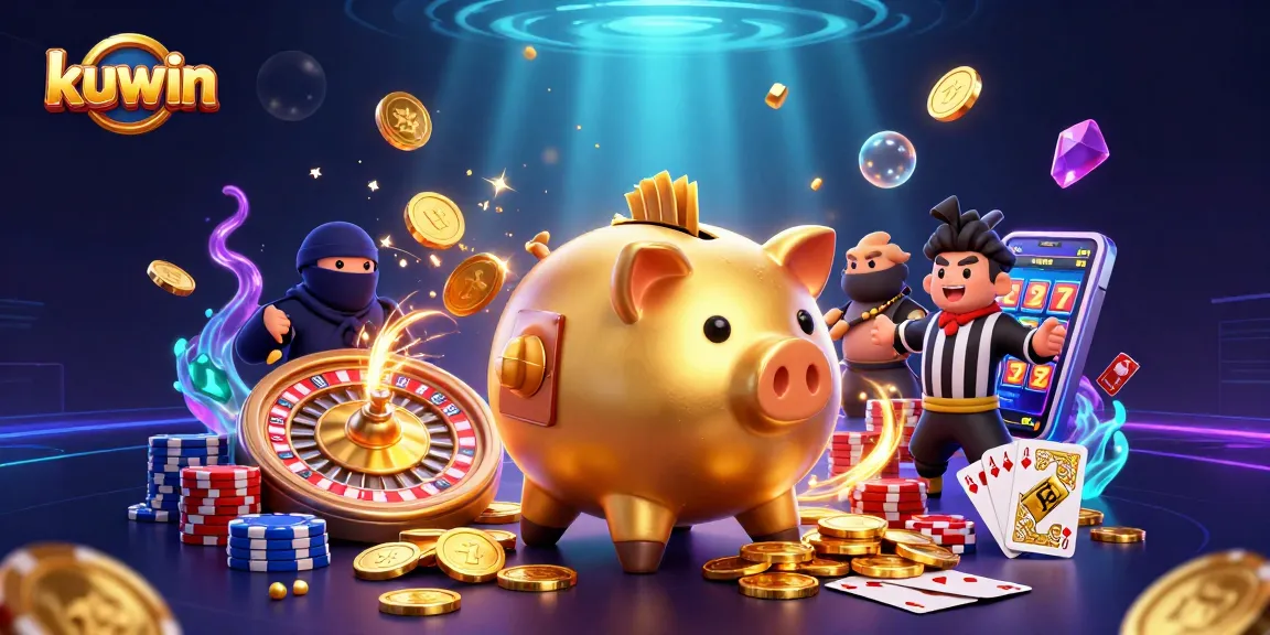 Win big with kuwin as the golden piggy bank sumo wrestler shakes coins in this vibrant casino scene.