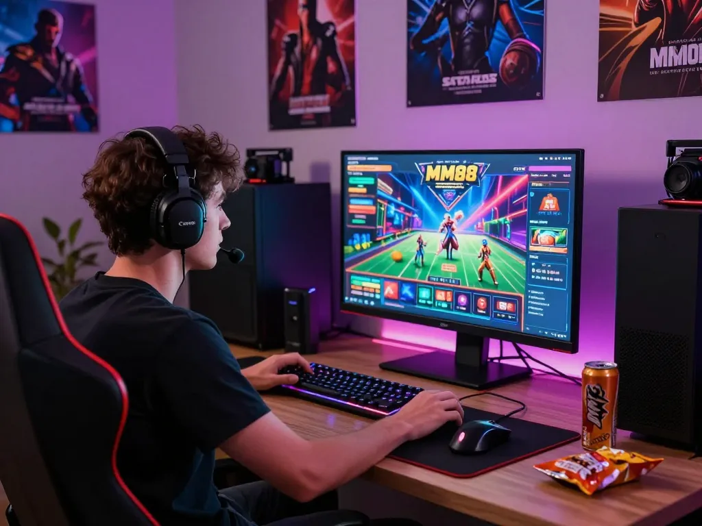 MM88 online casino gaming setup with an excited player, vibrant colors, and dynamic atmosphere