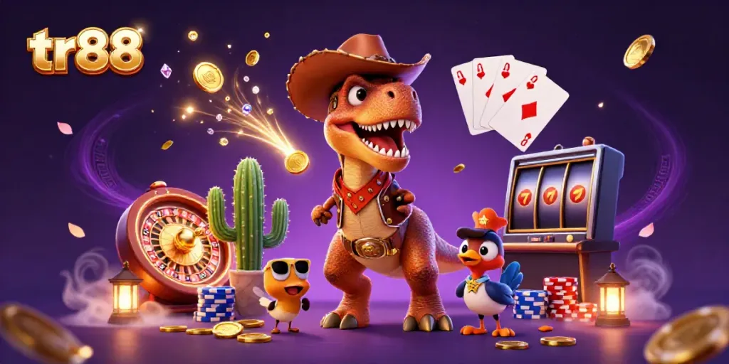 Experience the thrill of tr88 with a colorful 3D illustration featuring dynamic game elements and engaging characters.