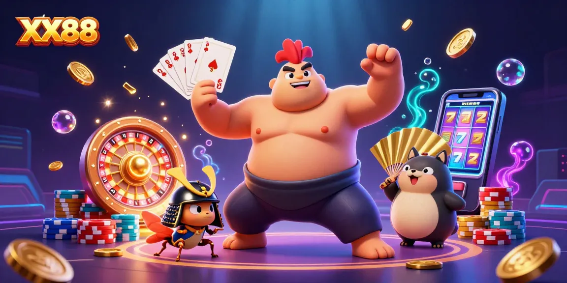 Experience the thrilling action of XX88 as a sumo rooster stomps amidst shimmering casino treasures.