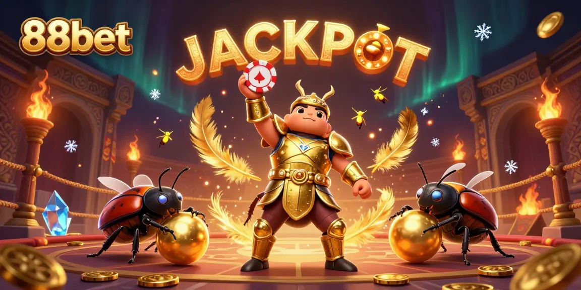 88bet's vibrant 3D illustration shows a hercules beetle celebrating a big win alongside golden casino elements.