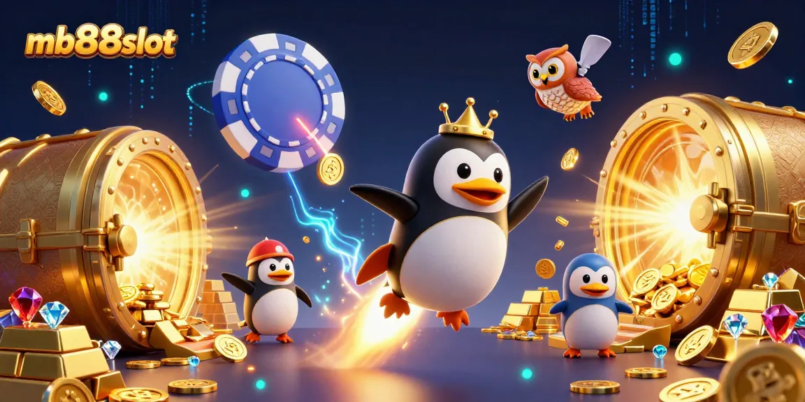 Experience exciting gaming adventures with mb88slot as the golden penguin blasts toward a vibrant casino.