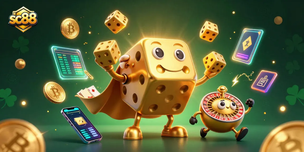 Win with SC88 as the golden dice golem juggles fortunes in a vibrant casino scene.