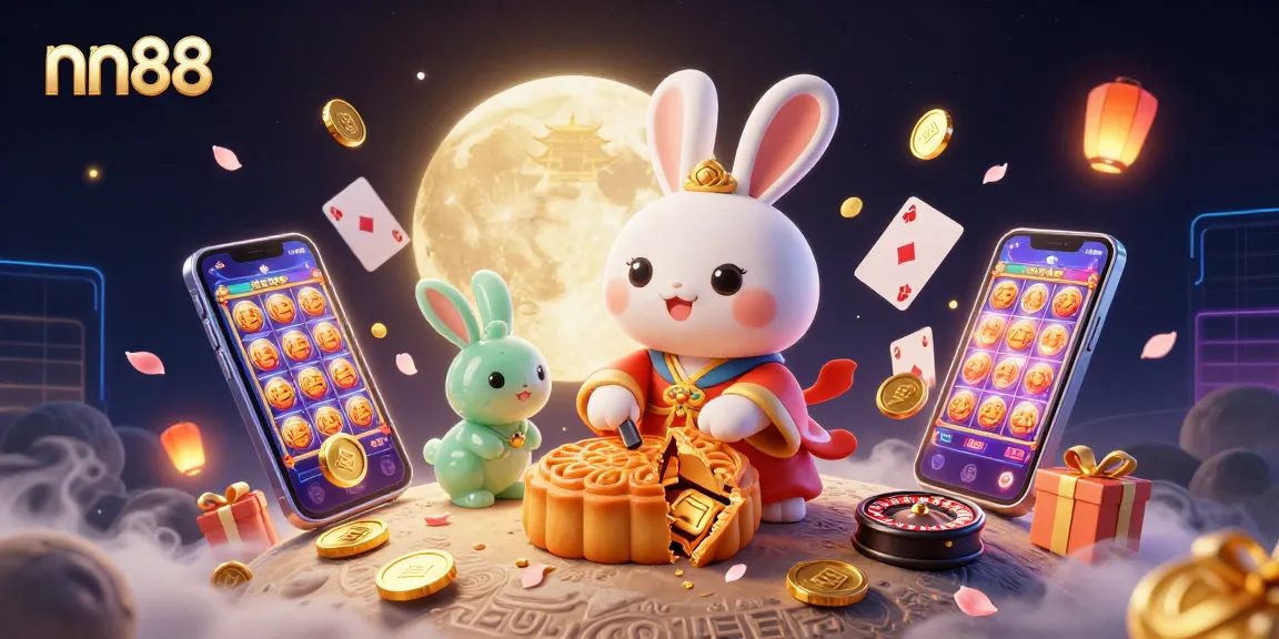 Spin and win at nn88 with a vibrant scene of rabbit folklore, casino games, and striking visuals.