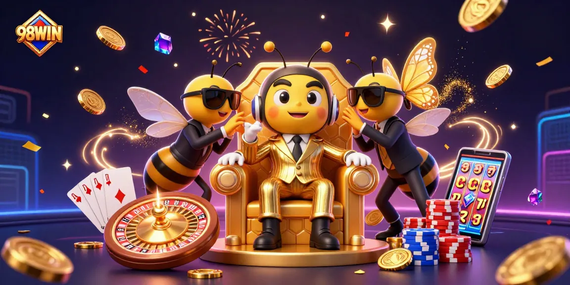 Experience the excitement of 98WIN with animated characters and dynamic casino elements.