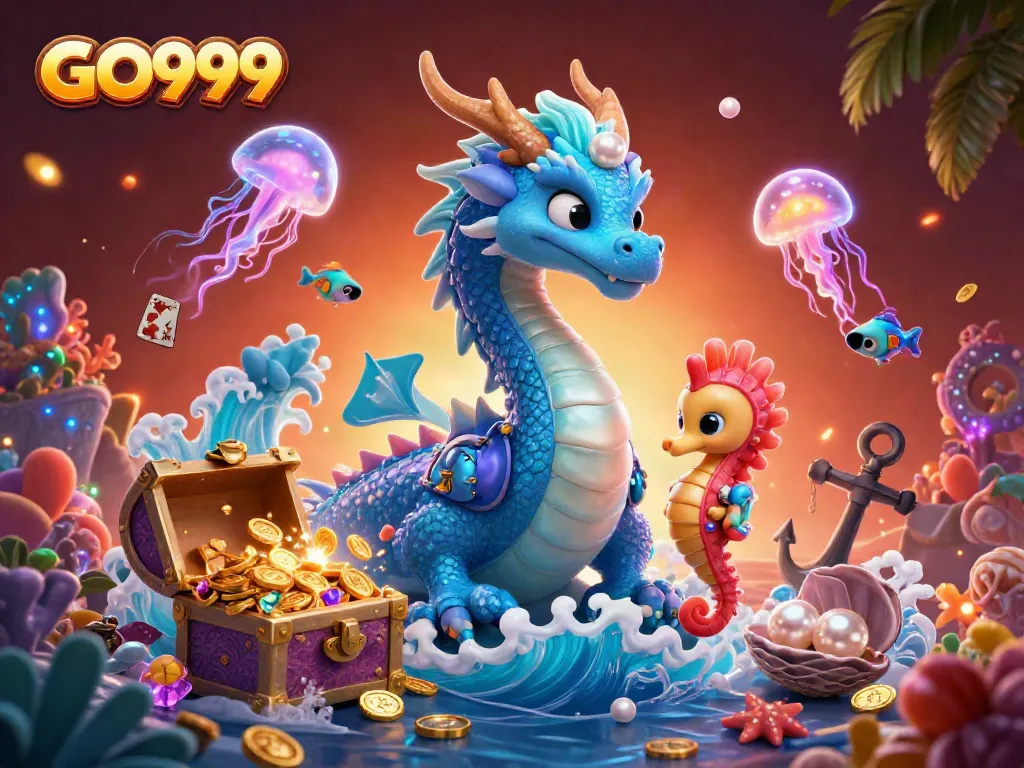 Experience thrilling gameplay with GO999 online casino featuring a vibrant scene of a water dragon and magical sea creatures.