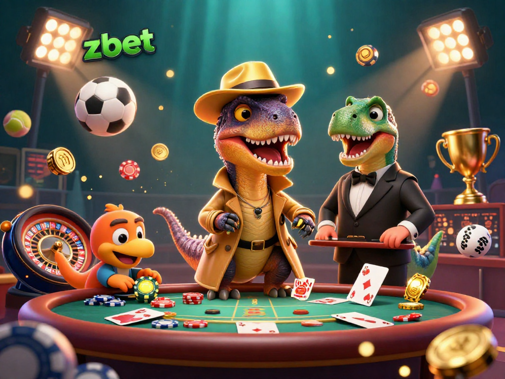 Zbet interactive experience illustrating a velociraptor card counter at blackjack, enriched with dynamic casino elements.