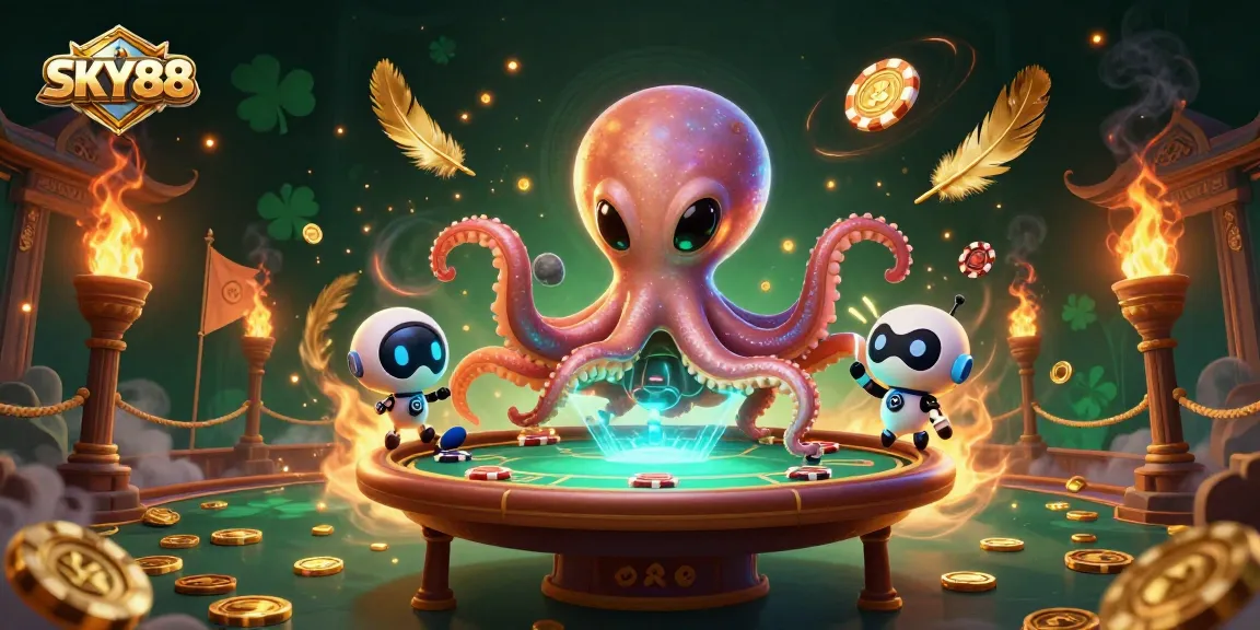 Bet on SKY88 with a cosmic alien octopus at a holographic poker table amid vibrant casino elements.