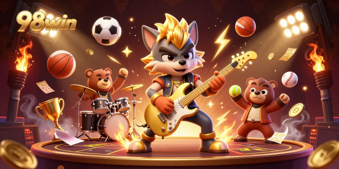 Experience thrilling wins with 98win as the cartoon rock star wolf shreds on a golden guitar amidst dynamic casino elements.