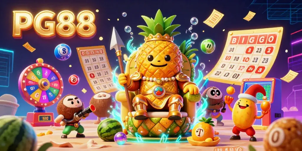 Experience PG88's vibrant beach casino with a golden pineapple king and dynamic lottery elements.