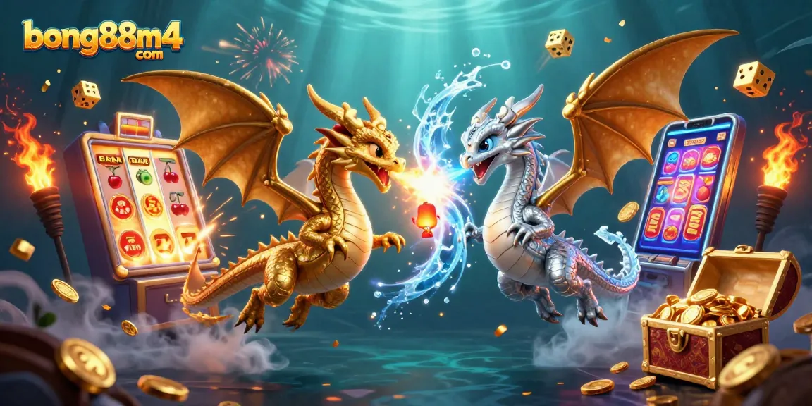 Experience thrilling gameplay at bong88m4 com with vibrant 3D casino illustrations featuring exciting slot machines and dragons.