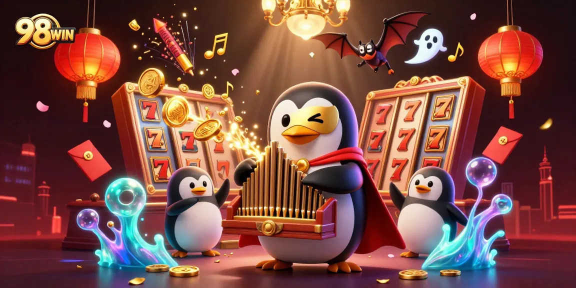 98WIN provides a dynamic experience with a phantom penguin organist surrounded by gaming elements and festive effects.