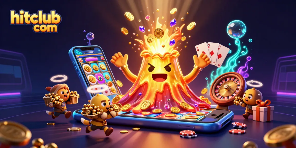 Experience the thrill of hitclub com with vibrant treasures erupting from a golden volcano in this exciting casino scene.