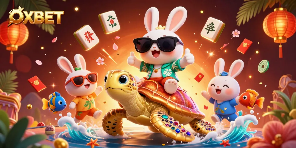 Engage with OXBET's vibrant casino adventure featuring a lucky rabbit, sea turtle, and floating game elements.