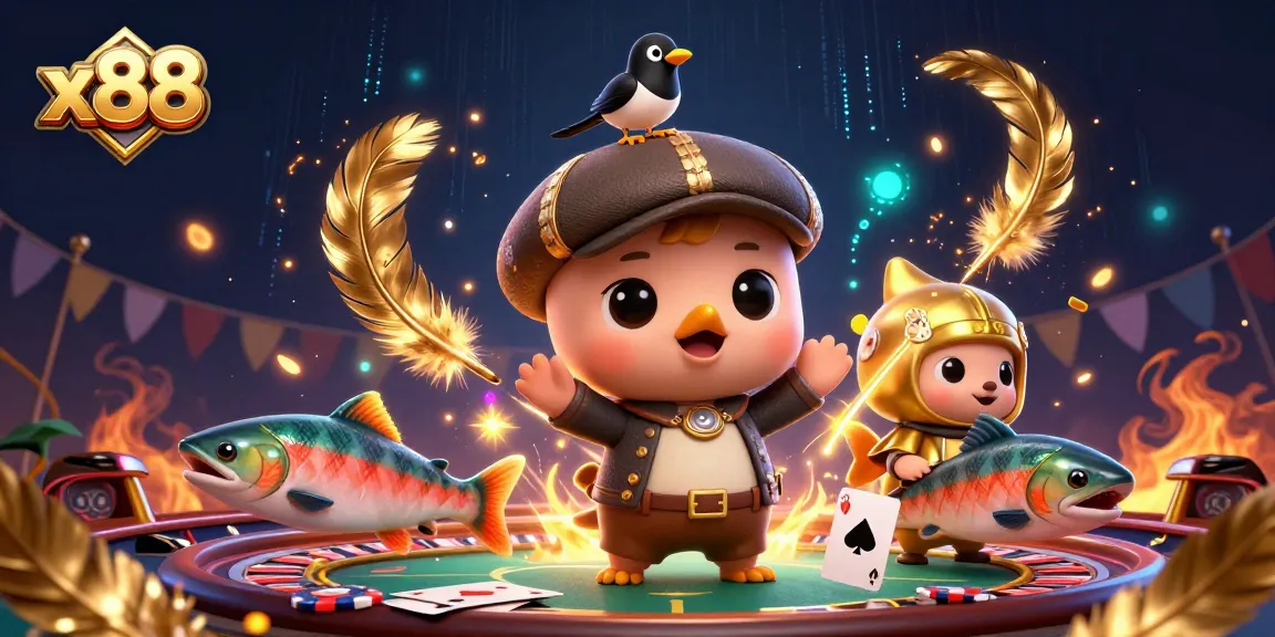 x88 invites players to experience thrilling gameplay in a vibrant casino scene featuring cartoon characters.