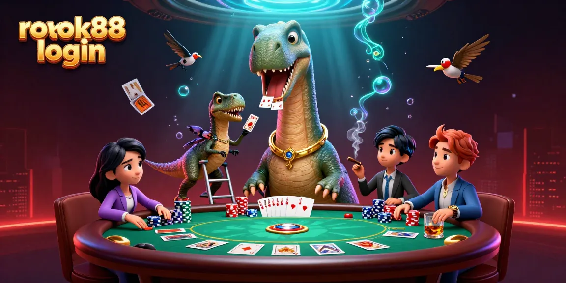 Engaging scene showcasing rokok88 login with a brontosaurus in a casino, poker action, and vibrant atmosphere.