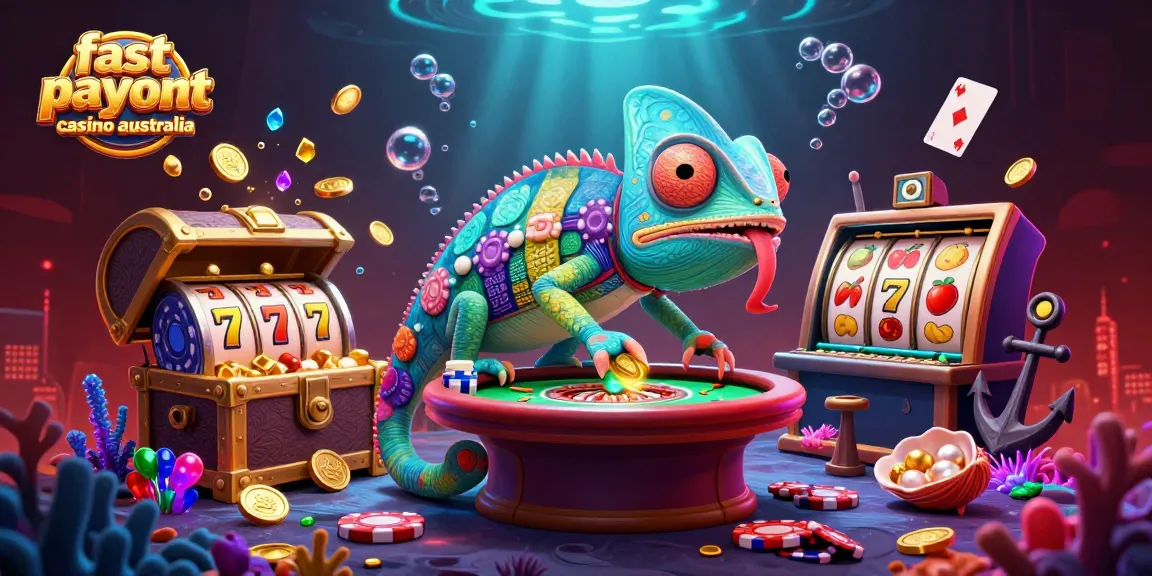Fast payout casino Australia illustration showcasing a lively chameleon owner amid dynamic slots and winning elements.