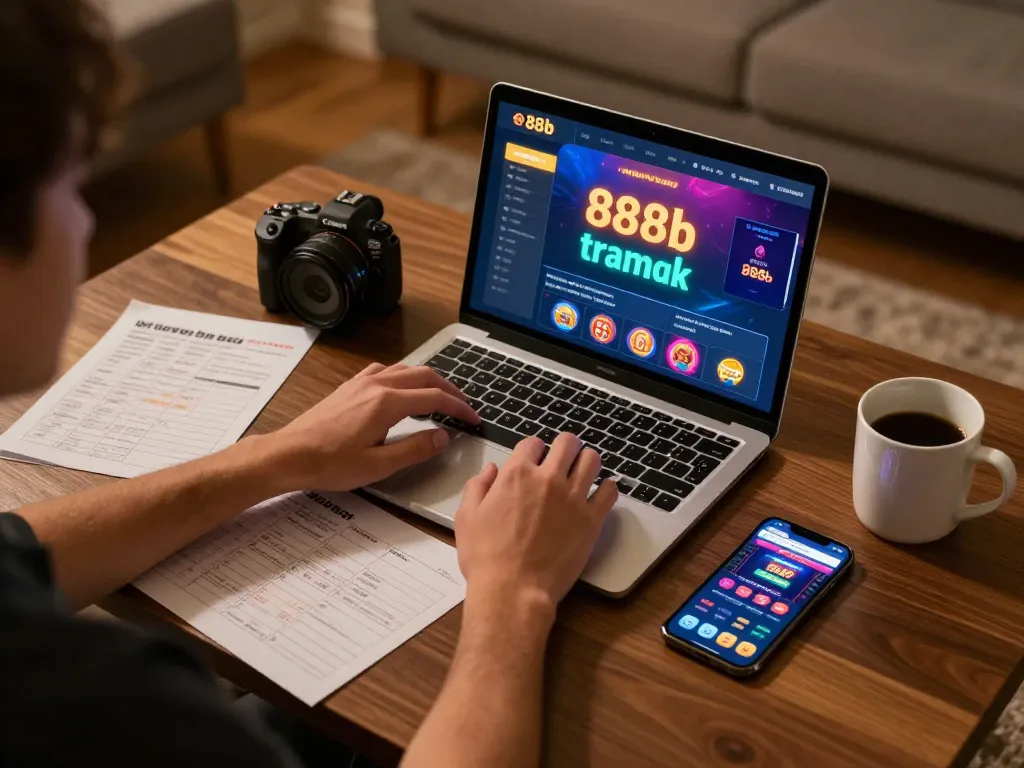 Player engaging with 888b trang chủ on laptop, showcasing online casino strategy in a cozy environment.