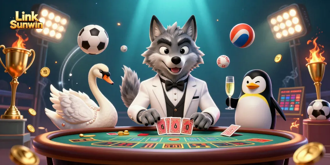 Engage in thrilling gameplay at Link Sunwin with a debonair wolf at the baccarat table, amidst dynamic sports elements.