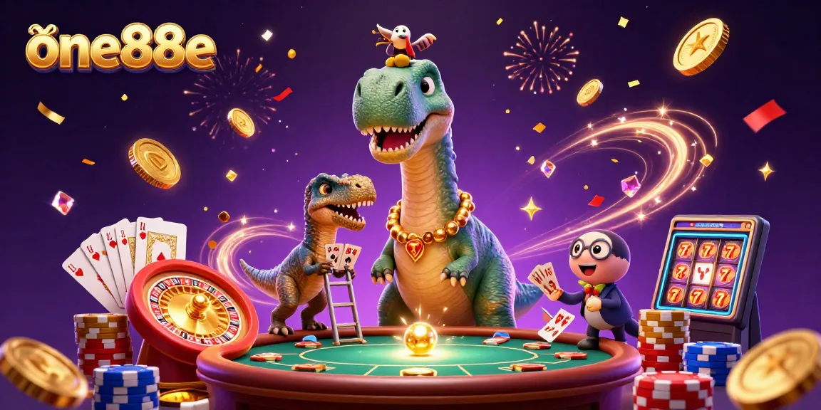 Engage with the thrilling world of one88e as a cartoon brontosaurus towers over a vibrant casino scene.