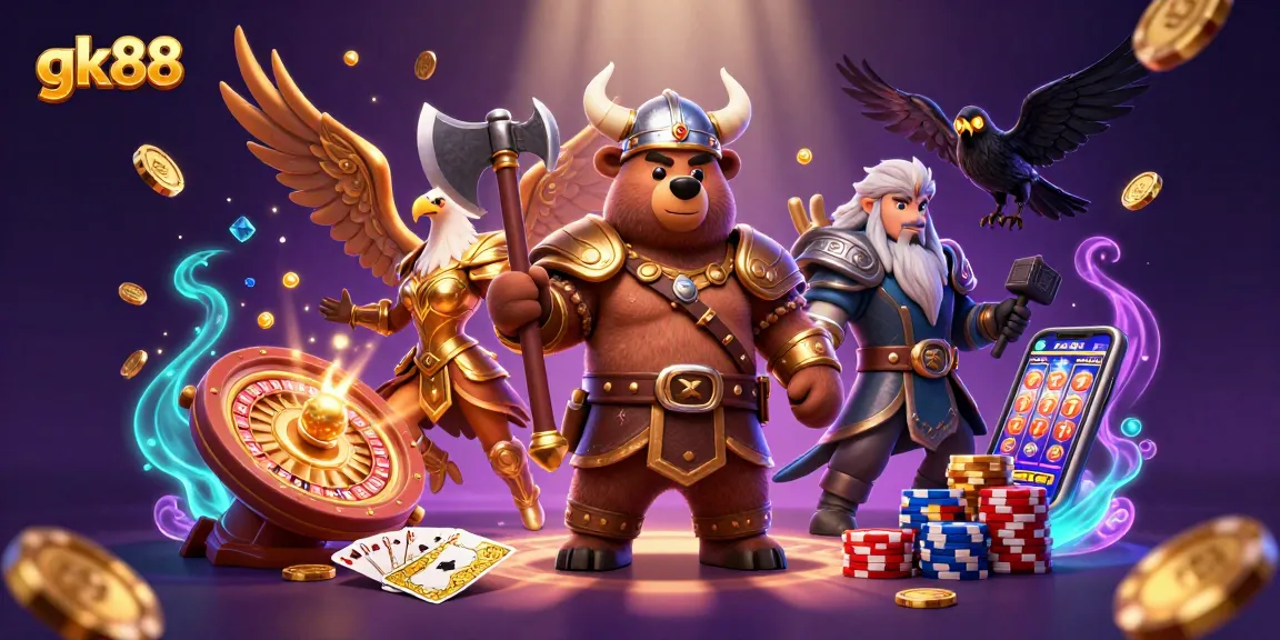 Spin and win with gk88's magical 3D casino illustration full of vibrant elements.