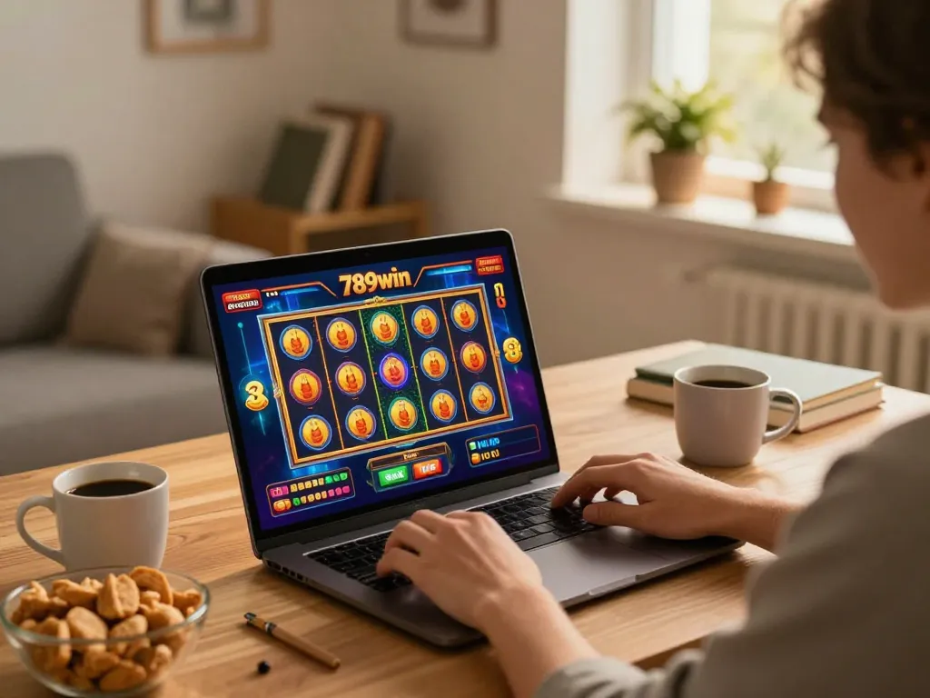 Engaging in exciting gameplay at 789win casino from a home setup with vibrant slot visuals.