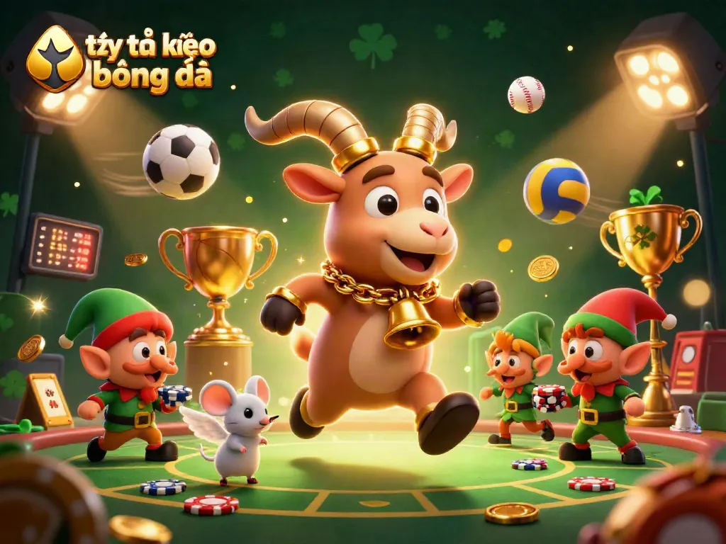 Bet on tỷ lệ kèo bóng đá as 3D characters engage in a thrilling casino scene filled with sports elements.