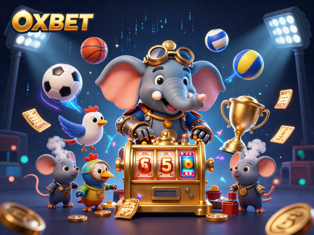 Experience the excitement of OXBET with a vibrant steampunk elephant at a golden slot machine, surrounded by dynamic sports elements.