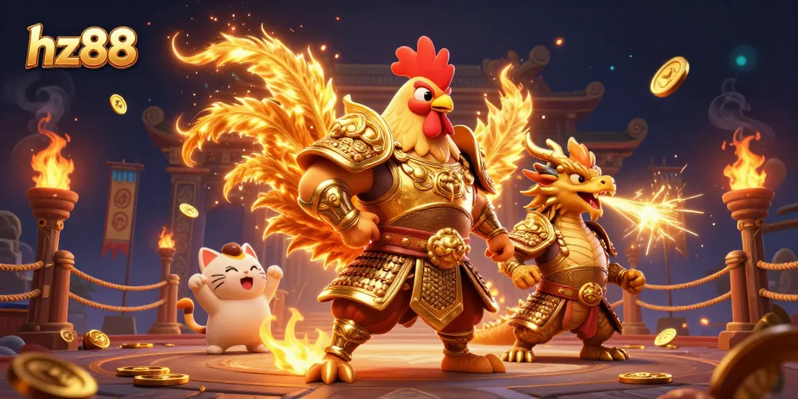 Engage with the dynamic scene of hz88, featuring a powerful rooster warrior and armored dragon in a vibrant casino atmosphere.