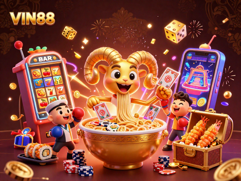 Experience the excitement of VIN88's casino with a dynamic illustration featuring a giant ramen bowl dealer.