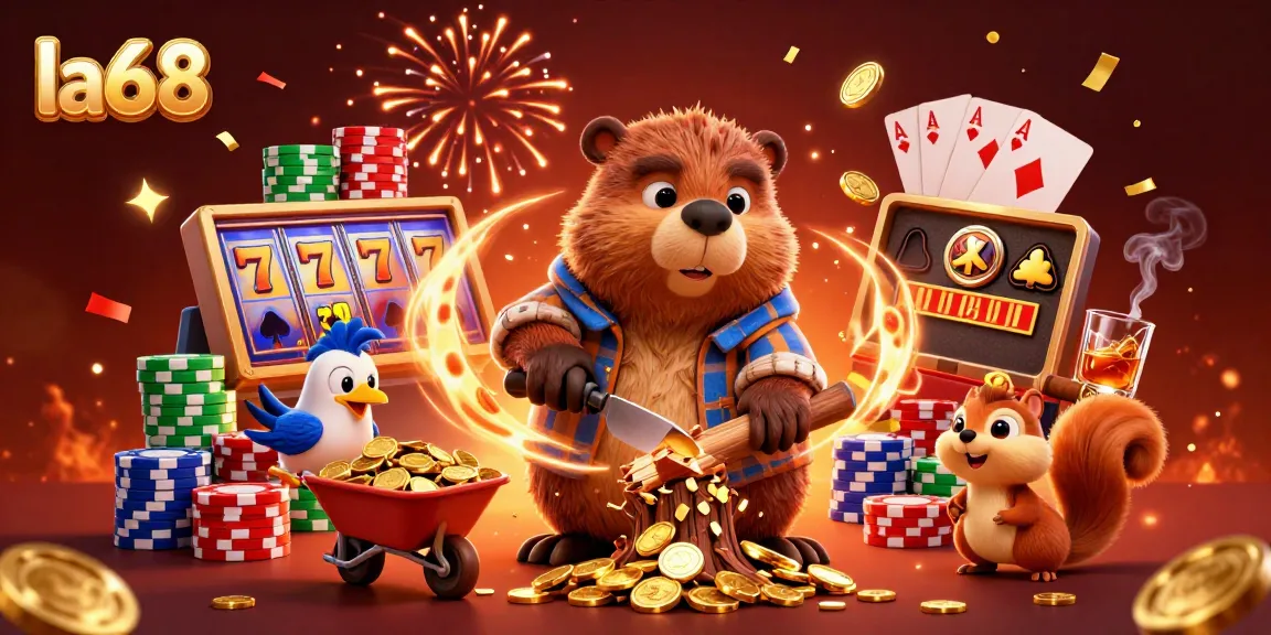 Experience excitement at la68 with characters enjoying slot wins and casino fun in a vibrant scene.