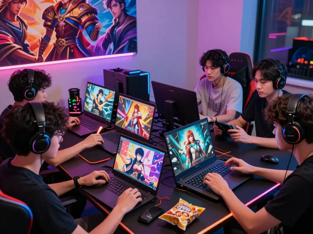 Players enjoying lewdspot-inspired adult visual novel games on diverse devices in a vibrant gaming setup.
