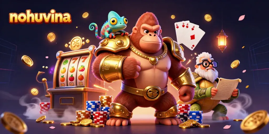 Experience thrilling jackpots with the nohuvina gaming extravaganza featuring vibrant characters and dynamic casino elements.