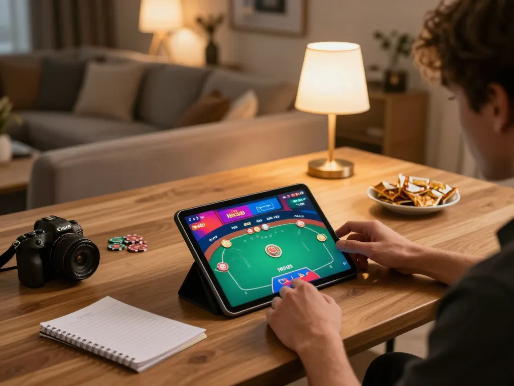 Player enjoying poker on Hitclub app in cozy home gaming setup with inviting atmosphere