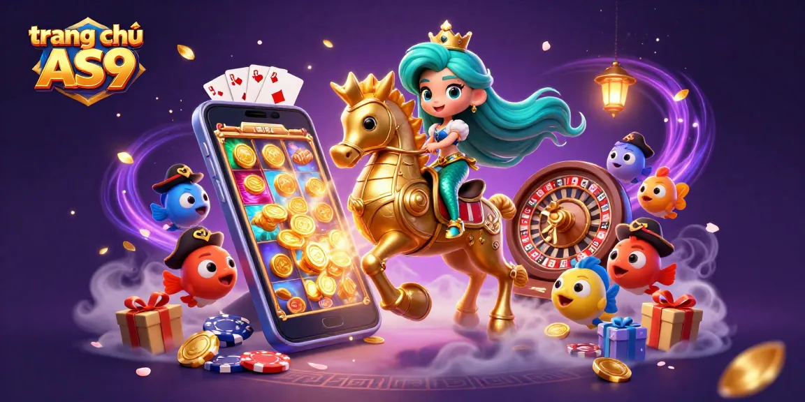 Play exciting games at trang chủ AS9, featuring colorful characters and casino prizes in a vibrant scene.