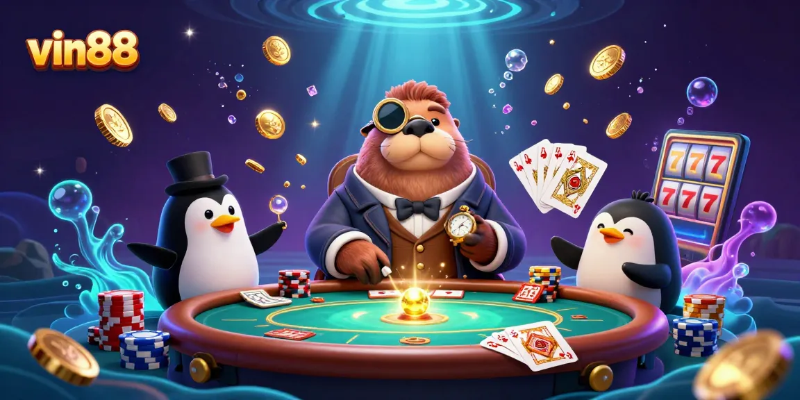 Experience the excitement of vin88 with a jolly walrus, penguin dealer, and pufferfish in action at an underwater casino.