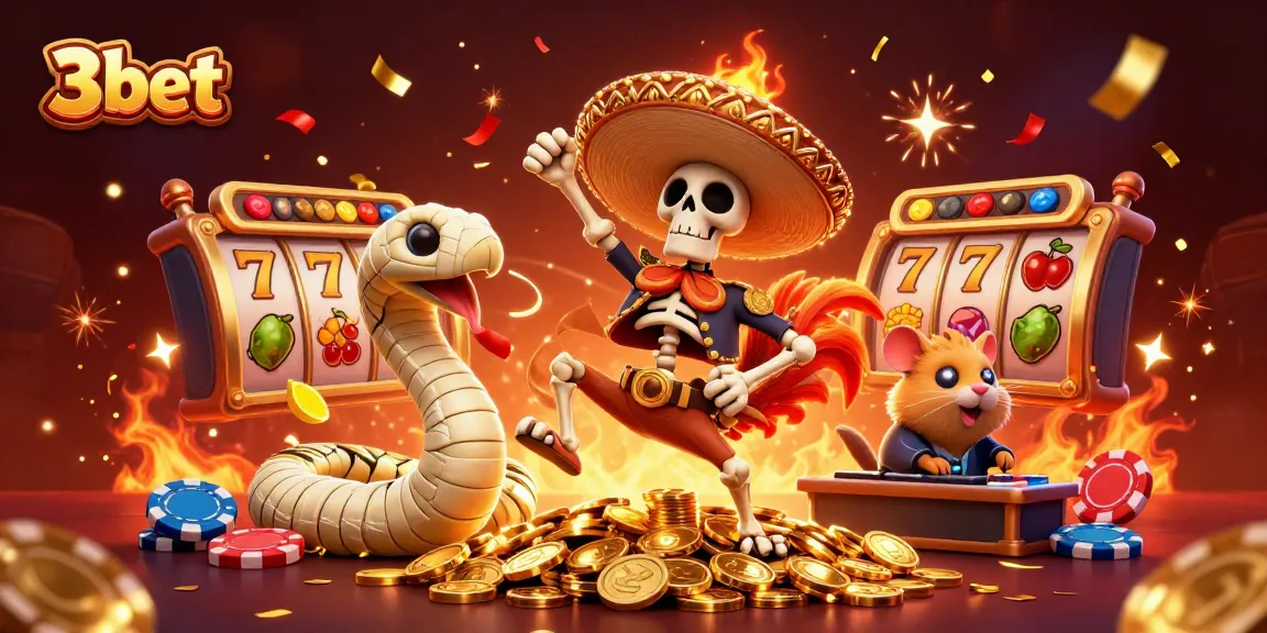 Celebrate big wins with 3bet's playful casino illustration featuring lively characters and vibrant slot elements.