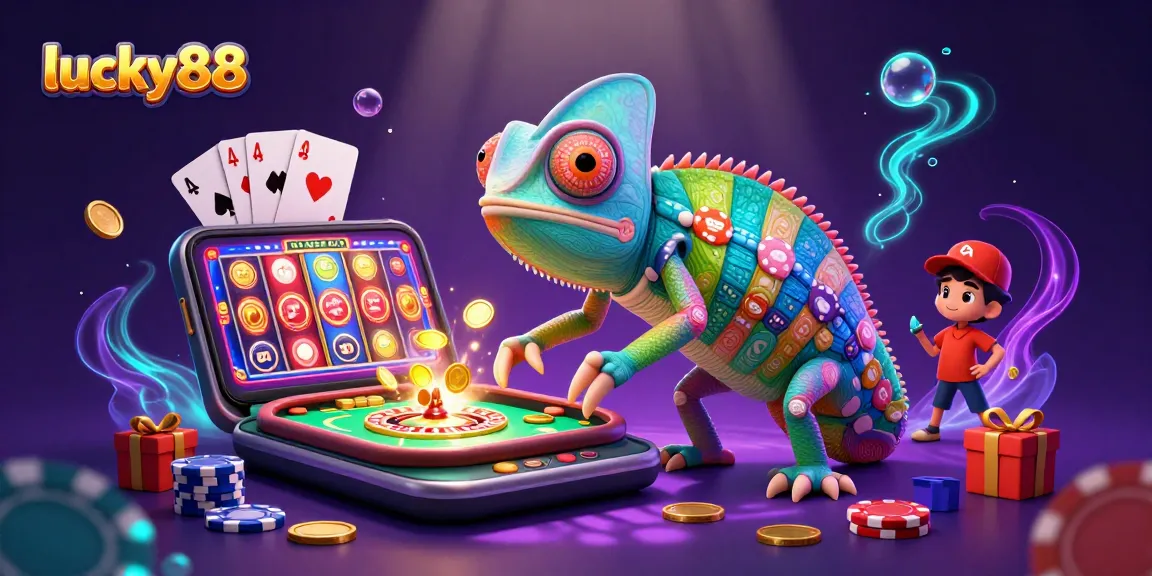 Experience lucky88 with a 3D chameleon casino owner snapping up golden coins amidst vibrant slot games and casino elements.