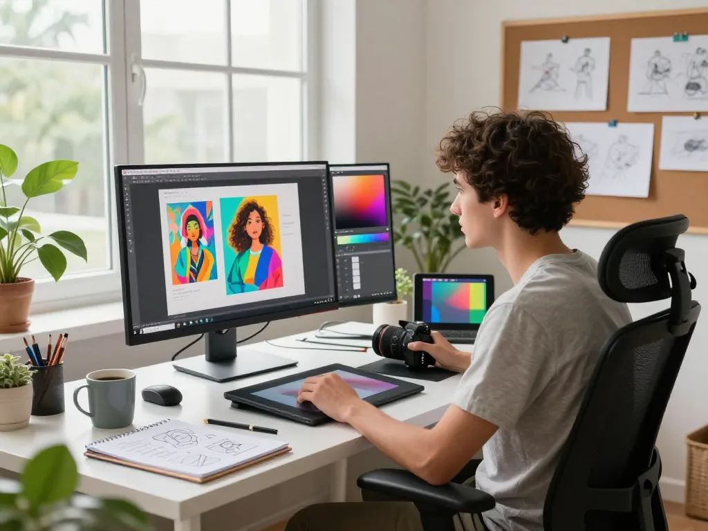 Engaged designer using nano banana AI image editor in bright digital workspace.