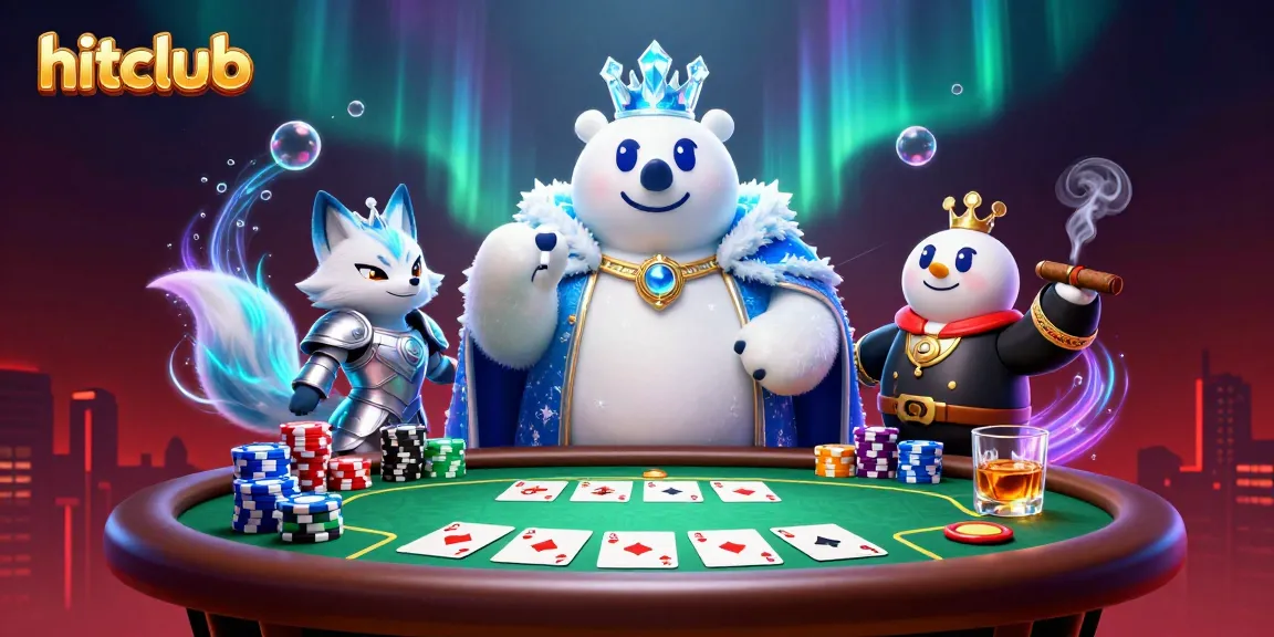 Hitclub players engaging at a poker table, showcasing dynamic gameplay with vibrant casino elements.
