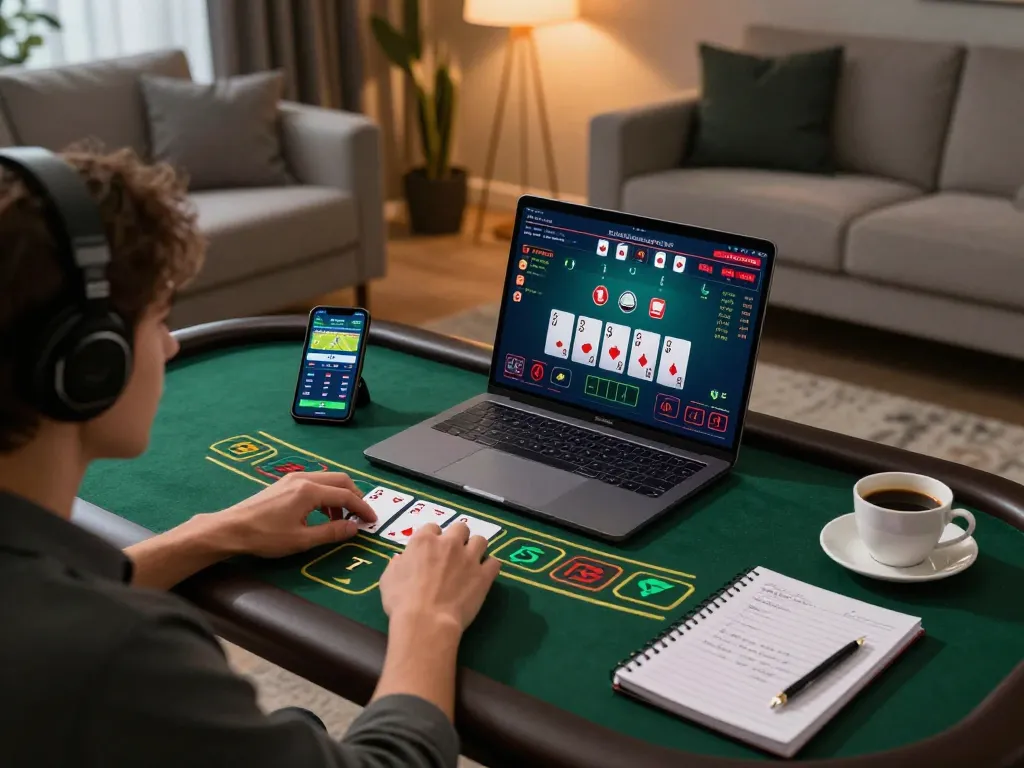 79king player strategizing during live blackjack gaming session on laptop at home.