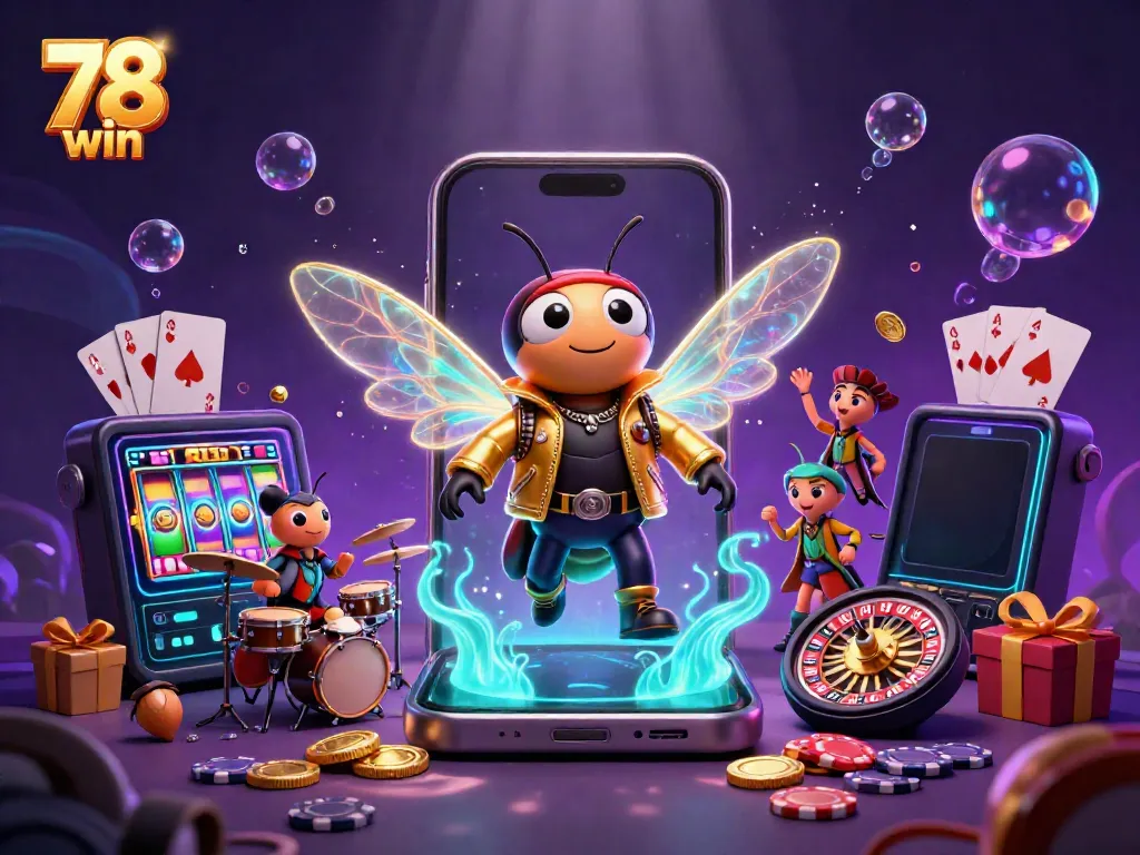 Experience the vibrant nightlife of 78 win with thrilling slot games, golden coins, and colorful characters in action.
