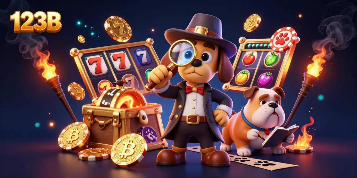 Uncover golden poker chip clues in a vibrant 123B casino scene full of thrilling slot symbols.