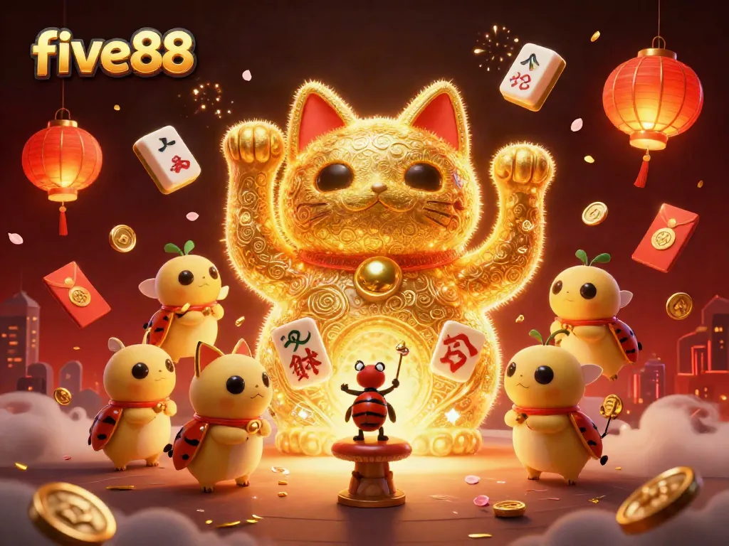 Experience vibrant excitement at five88 with a lucky cat, golden fireflies, and festive casino symbols.