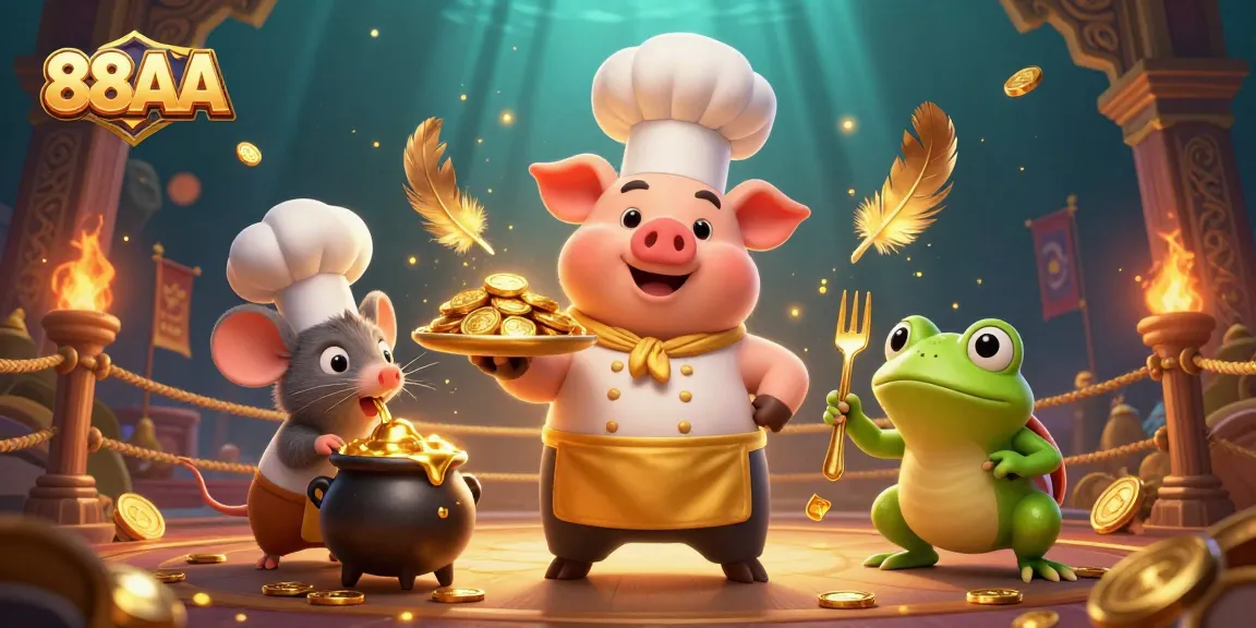 Join the excitement at 88AA by winning gold coins in this vibrant casino scene featuring a chef pig and gaming elements.